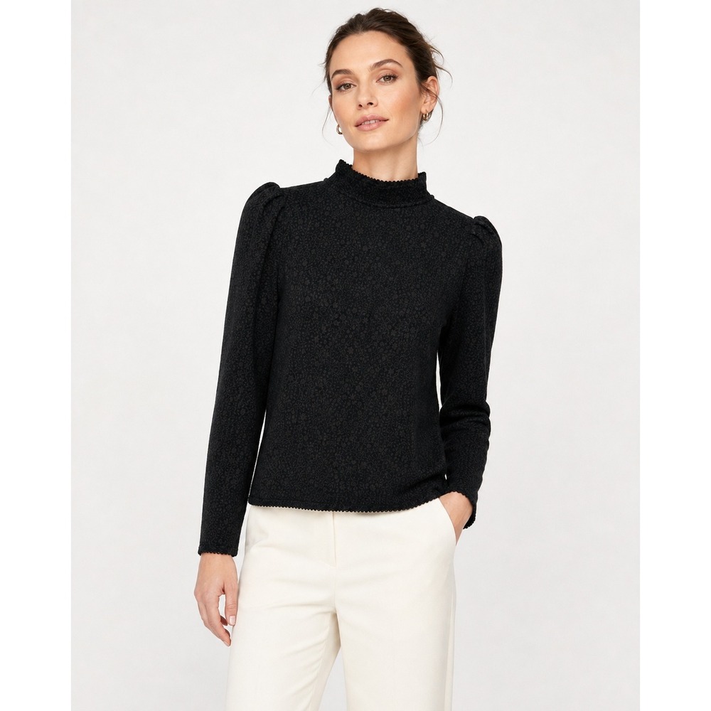 Soft Joie Jules Mock Neck Puff Sleeve Floral Top Caviar Black Size L NWT